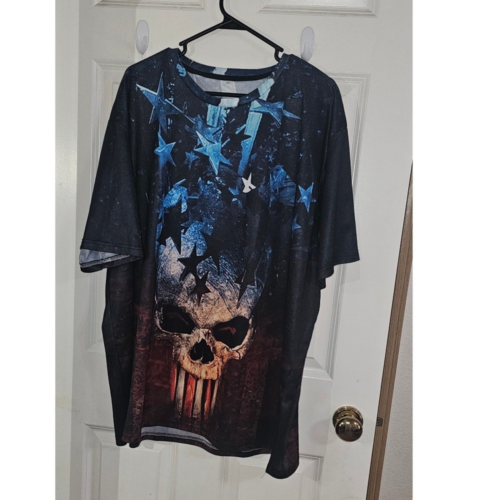 Mens American Flag Skull Graphic T-Shirt Black Blue Red Stars Stripes‎ 4XL